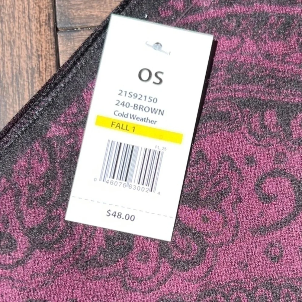 STAGG 70”L Damask Print Burgundy & Brown Viscose Raw Hems Scarf/Wrap NWT